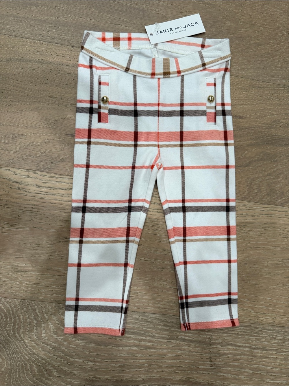 Janie and Jack Coral, Brown and White Plaid Cotton Leggings